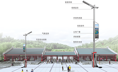 智慧路灯杆作为智慧景区业务的入口，具备智能迎宾、安防监控、环境感知、信息发布、景区广播、一键告警、智慧停车、充电管理等新型应用。